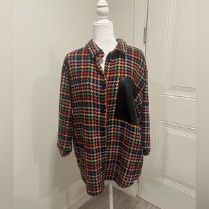 Multicolor Houndstooth Shacket with Black pleather pocket